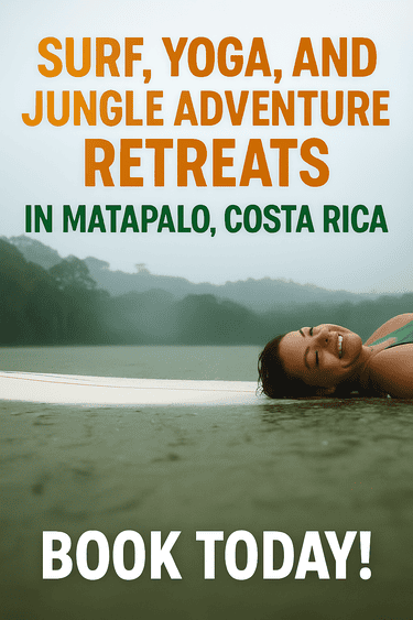 Women surfing during a wellness retreat in Matapalo, Costa Rica surrounded by jungle and ocean views