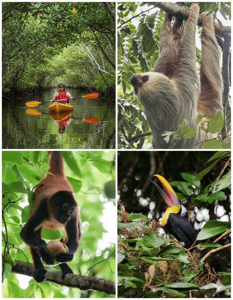 4-image collage of Osa Peninsula adventure tours, local wildlife  around encanta la vida, osa peninsula.