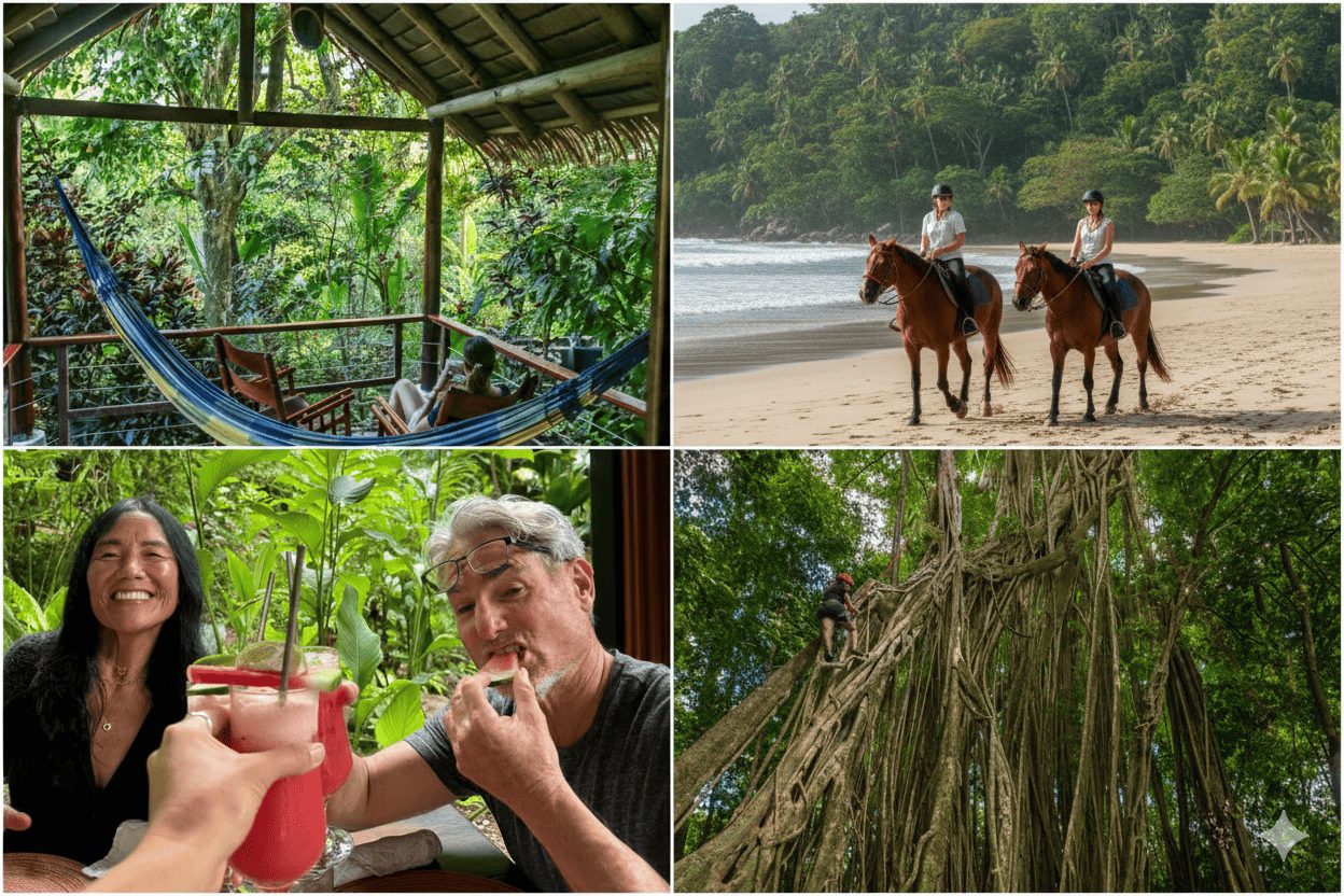 A 4-photo luxury travel collage of the Osa Peninsula all-inclusive resort Encanta La Vida, featuring an eco-lodge, a sloth in the jungle canopy, a tropical beach, and horseback riding on the sand.